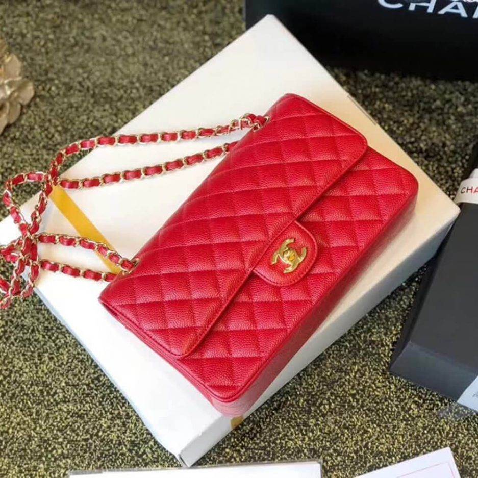 Ch*el classic flap small red caviar leather gold hardware (23*14.5*6cm)