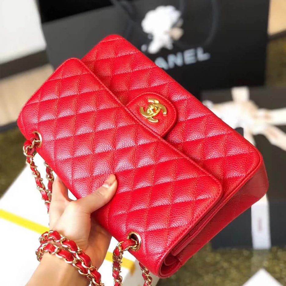 Ch*el classic flap small red caviar leather gold hardware (23*14.5*6cm)