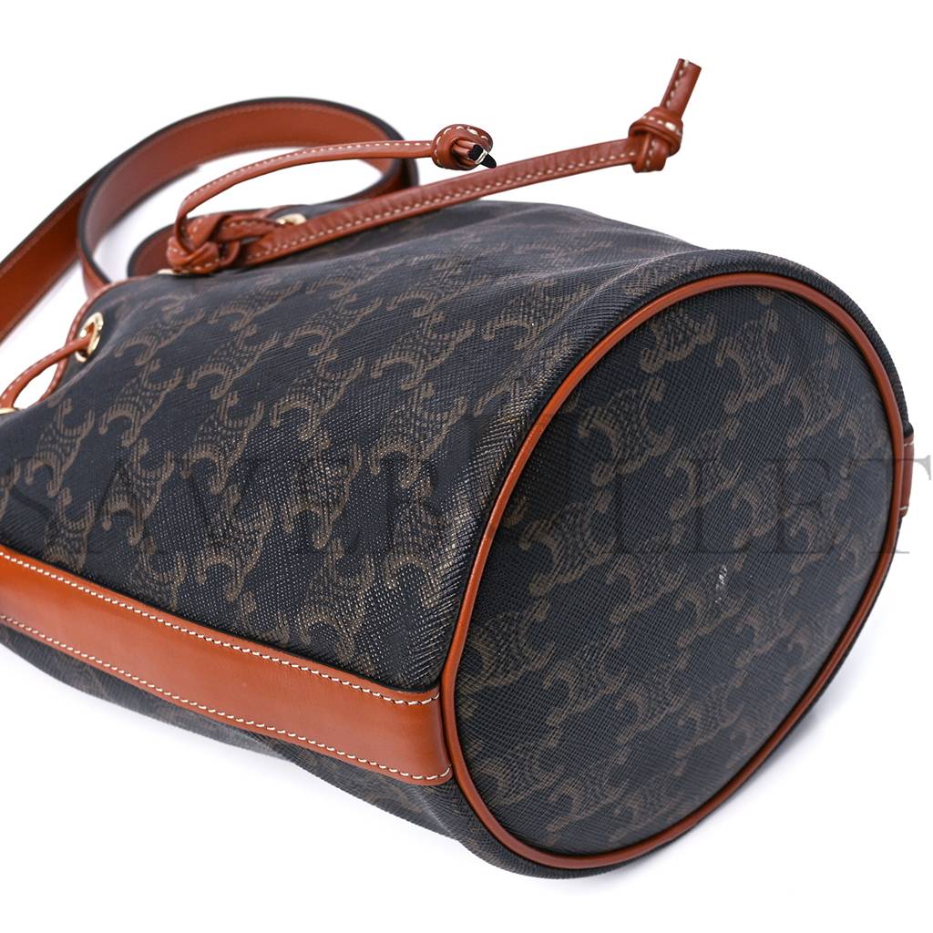 Ce**e triomphe canvas calfskin small drawstring bucket bag tan (21*15*15cm)