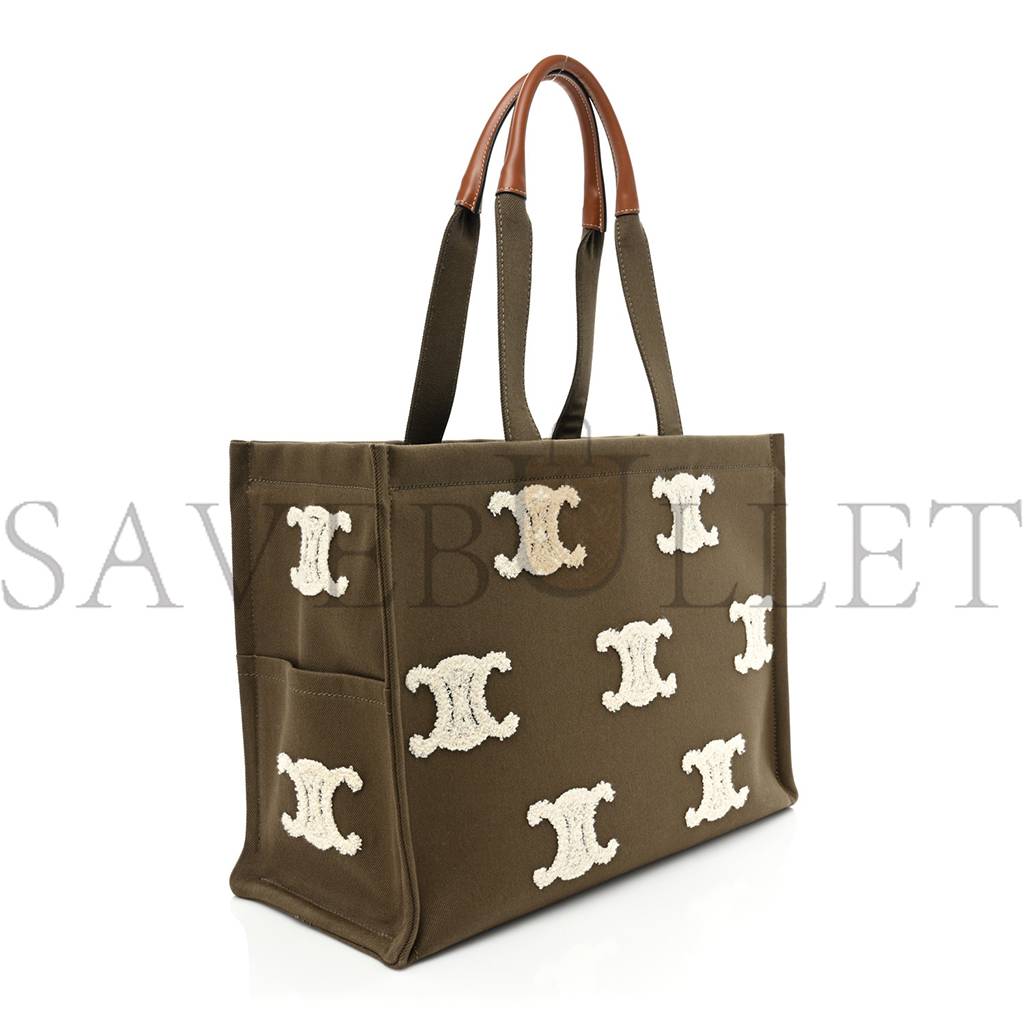 Ce**e canvas calfskin embroidered triomphe large cabas thais khaki tan (41*29*17cm)